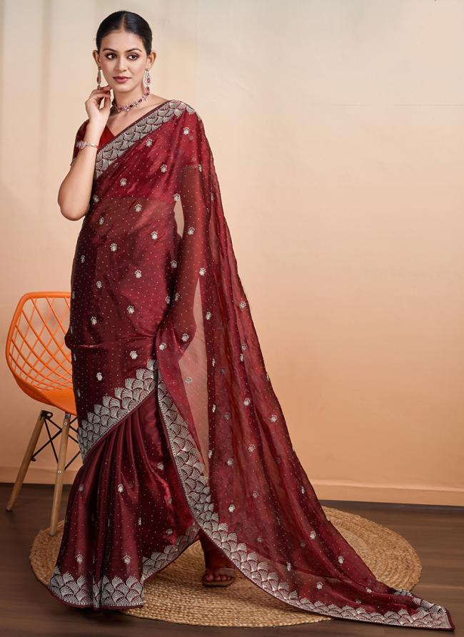 Blooming Burberry Maroon Party Wear Embroidery Work Saree